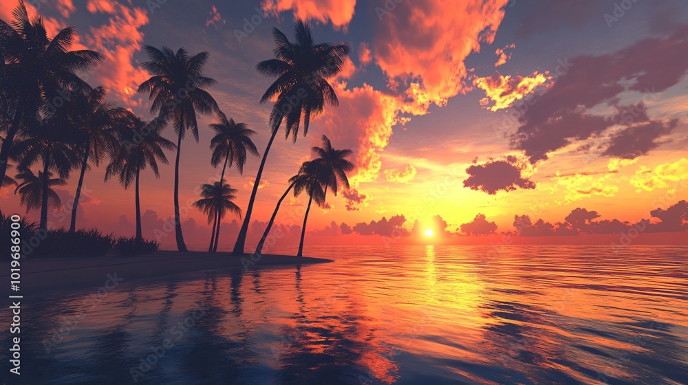 Silhouetted palm trees on a tropical beach at sunset with a bright, colorful sky and calm, reflective water. Silhouetted palm trees on a tropical beach at sunset with a bright, colorful sky and calm, reflective water.