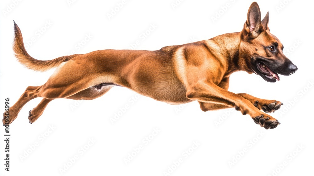 Obraz premium A dog in mid-air, showcasing agility and movement against a white background.
