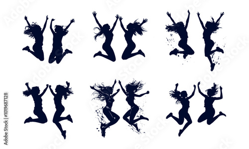 Dynamic Silhouettes of Women Jumping in Excitement and Joy