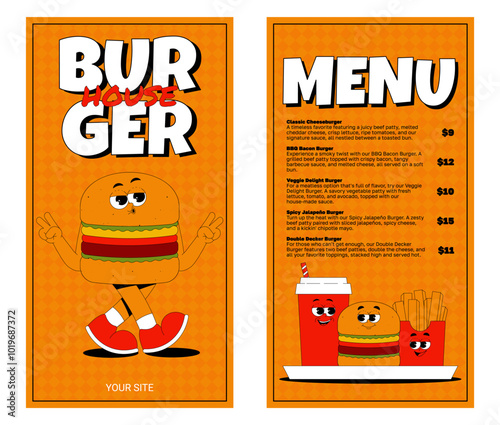 Retro groovy characters fast food. Menu with cute burger, french fries and drink. Vector illustration for bar, cafe, house, restaurant, delivery