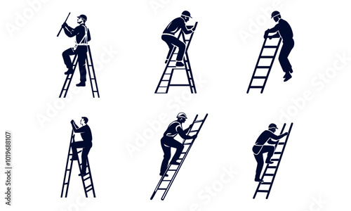 Silhouette Illustrations of Workers Climbing Ladders Safely