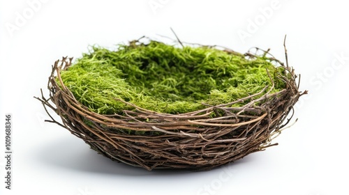 A natural nest made of twigs and moss, ideal for decoration or as a display for crafts.