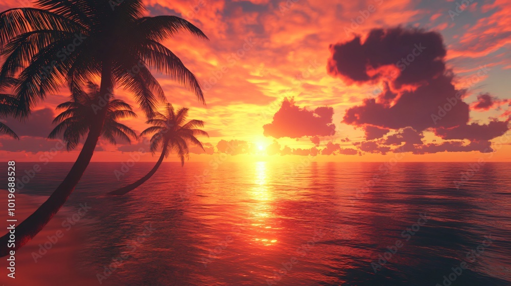 Silhouettes of palm trees on a beach at sunset with orange sky and clouds reflecting on the water. Silhouettes of palm trees on a beach at sunset with orange sky and clouds reflecting on the water.