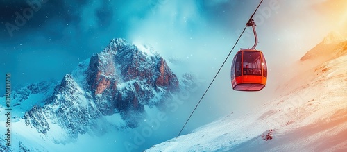 Cable Car Ascending a Snowy Mountain Peak