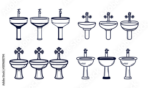 Collection of Hand-Drawn Bathroom Sink Illustrations in Vector Style