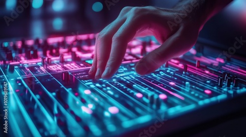 A hand adjusting controls on a glowing music mixer, creating a vibrant atmosphere.