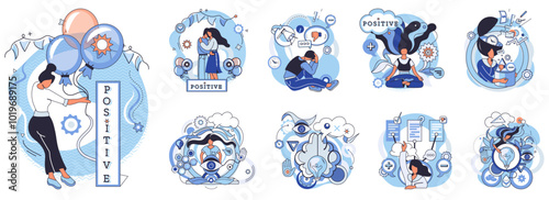 Cognition. A woman interacts with encouraging symbols such as balloons, gears, and positive affirmations in various activities. Ideal for self-improvement, mental health awareness, personal
