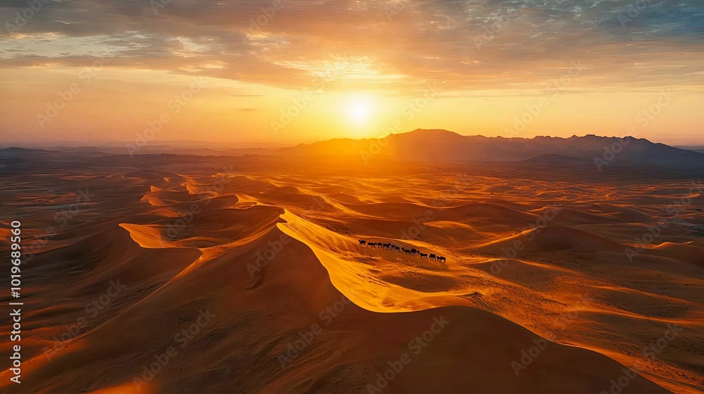 Fototapeta premium A Caravan of Camels Crossing Desert Dunes at Sunset
