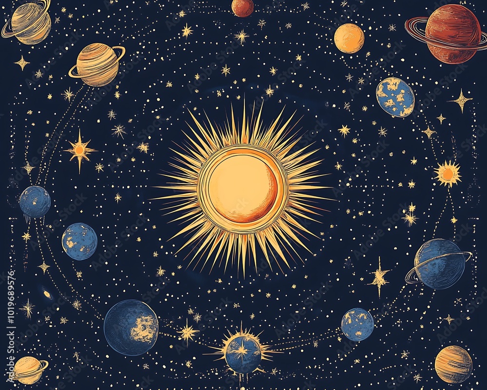 Fototapeta premium Vector flat illustration of the solar system with all planets and rings, in a cartoon style.