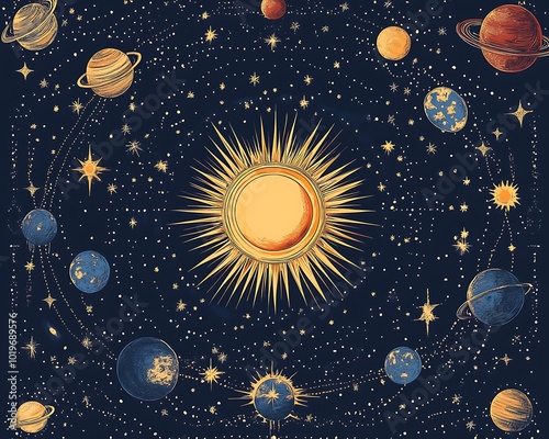 Vector flat illustration of the solar system with all planets and rings, in a cartoon style.