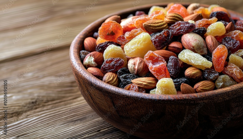 A wooden bowl filled with a colorful mix of dried fruits and nuts, showcasing healthy snack options. A wooden bowl filled with a colorful mix of dried fruits and nuts, showcasing healthy snack options.