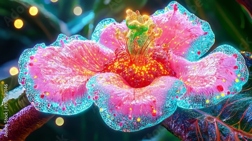 vibrant pink flower with striking blue outline, glistening with dew drops, captures essence of natures beauty. Its intricate details and luminous colors evoke sense of wonder and joy