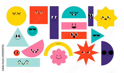 Set of Various bright basic Geometric Figures with face emotions. Different shapes. Hand drawn trendy Vector illustration for kids. Cute funny characters. All elements are isolated