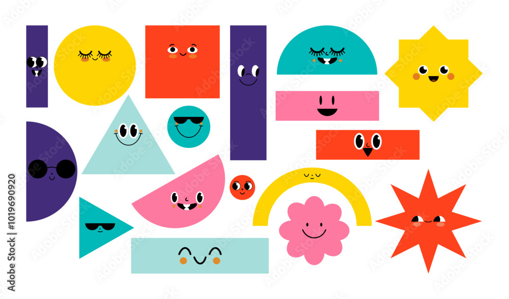 Set of Various bright basic Geometric Figures with face emotions. Different shapes. Hand drawn trendy Vector illustration for kids. Cute funny characters. All elements are isolated Set of Various bright basic Geometric Figures with face emotions. Different shapes. Hand drawn trendy Vector illustration for kids. Cute funny characters. All elements are isolated
