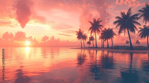 Silhouettes of palm trees on a tropical island at sunset with a reflection in the water.