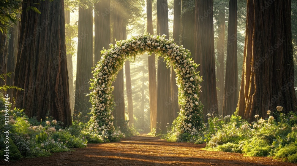 Obraz premium A floral archway in a sunlit forest, creating a romantic atmosphere for a wedding.