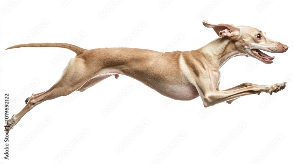 A dog in mid-air, showcasing agility and motion against a white background. A dog in mid-air, showcasing agility and motion against a white background.