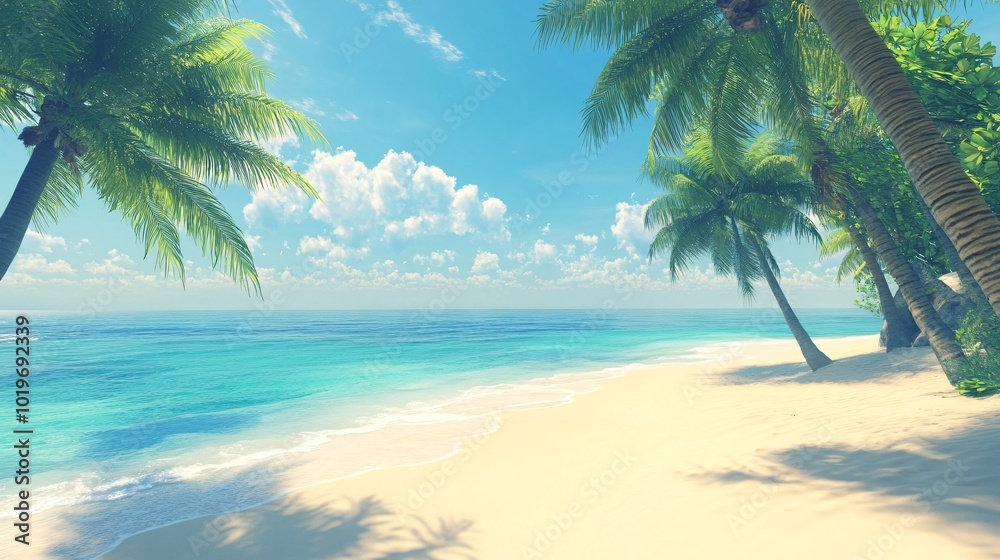 Sunny tropical beach with palm trees and turquoise water. Sunny tropical beach with palm trees and turquoise water.