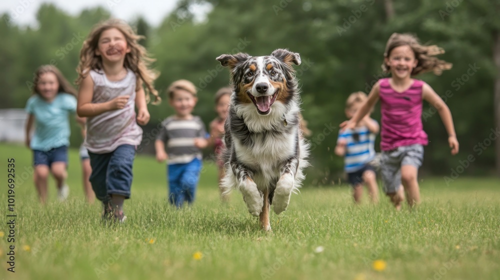 Children joyfully running with a dog in a grassy field, capturing a moment of playfulness. Children joyfully running with a dog in a grassy field, capturing a moment of playfulness.