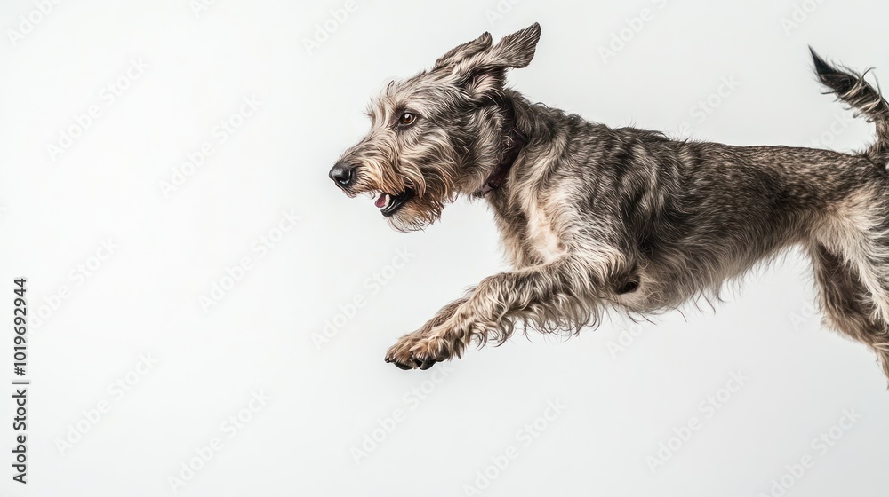 A playful dog leaping against a white background, showcasing energy and joy. A playful dog leaping against a white background, showcasing energy and joy.