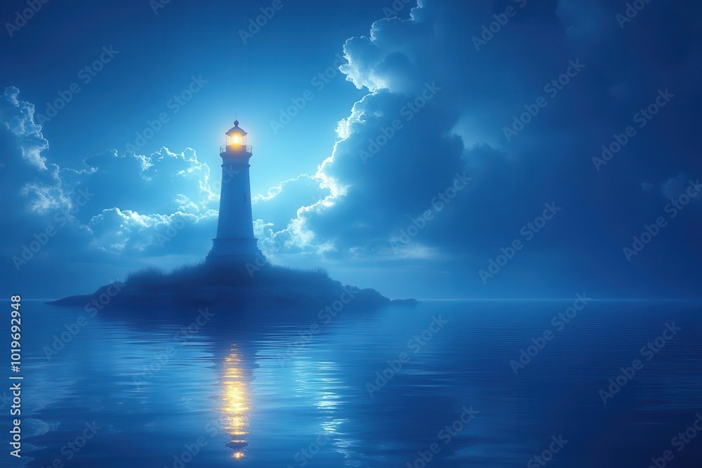 solitary lighthouse standing proud on a small island surrounded by the vast deep blue ocean symbolizing safe harbor and the guiding light through lifes storms solitary lighthouse standing proud on a small island surrounded by the vast deep blue ocean symbolizing safe harbor and the guiding light through lifes storms