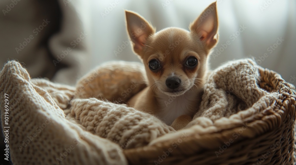 A small Chihuahua puppy nestled in a cozy woven basket with a soft blanket. A small Chihuahua puppy nestled in a cozy woven basket with a soft blanket.