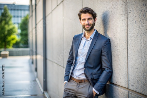 Wallpaper Mural Confident Caucasian businessman leaning against wall urban setting and business casual Torontodigital.ca
