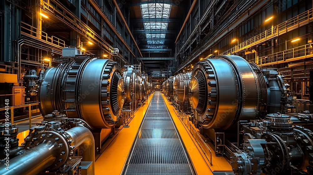 Turbine Hall with Massive Generators: A detailed interior view of the turbine hall, filled with towering generators and turbines connected by a maze of pipes and cables. Turbine Hall with Massive Generators: A detailed interior view of the turbine hall, filled with towering generators and turbines connected by a maze of pipes and cables.