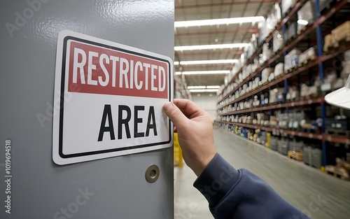 Restricted area sign in warehouse with supervisor hand. Safety and security