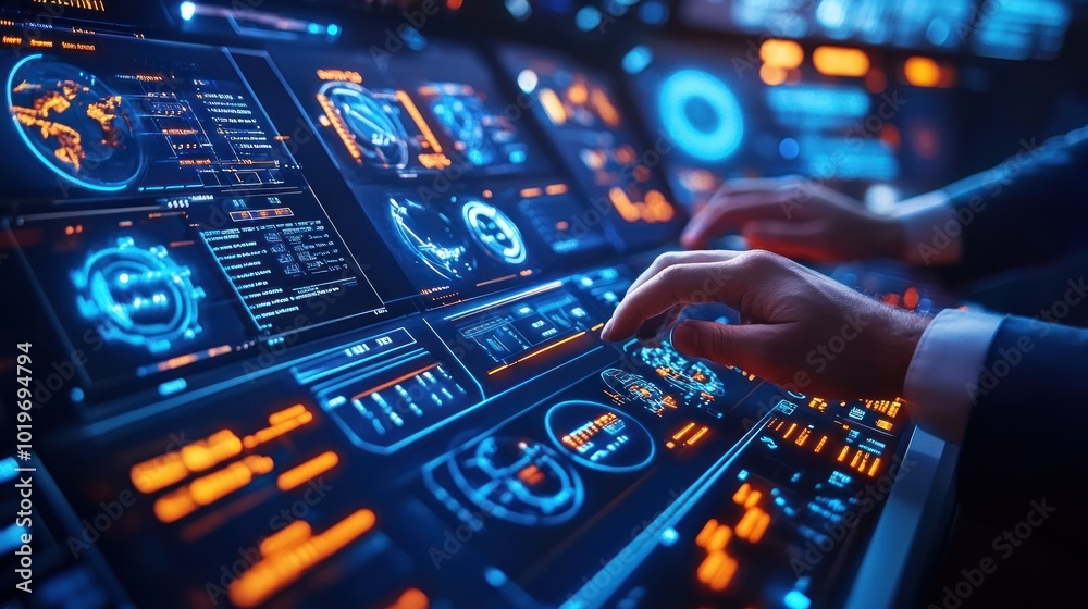 Futuristic control panel with glowing interfaces, suggesting advanced technology. Futuristic control panel with glowing interfaces, suggesting advanced technology.