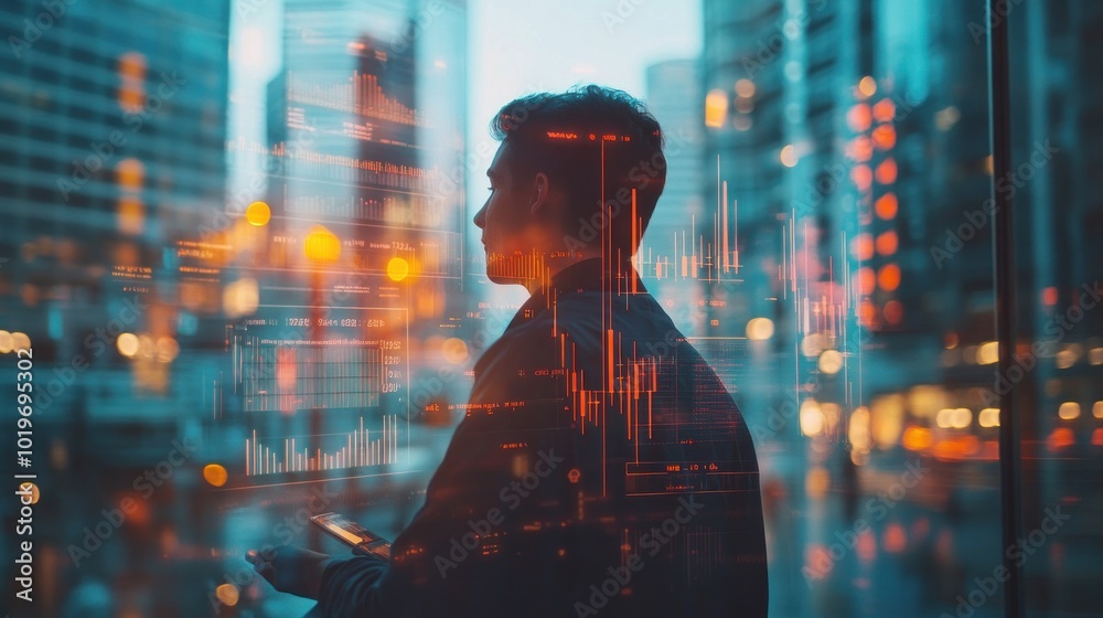 A silhouette of a person holding a phone against a city backdrop with digital overlays. A silhouette of a person holding a phone against a city backdrop with digital overlays.