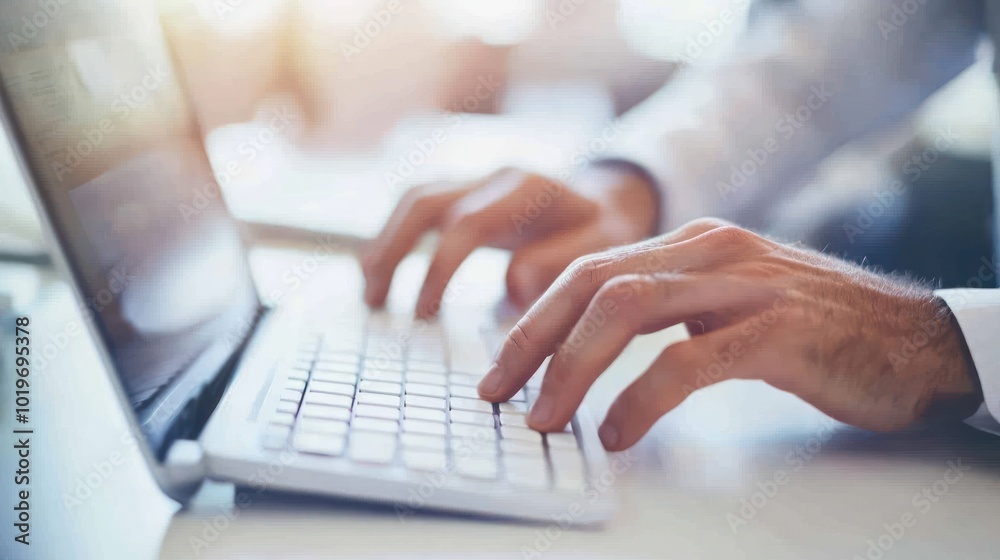 A close-up of hands typing on a laptop keyboard in a bright workspace. A close-up of hands typing on a laptop keyboard in a bright workspace.