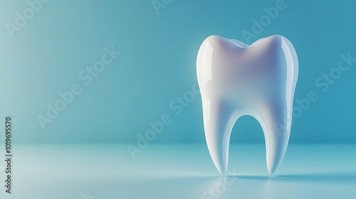 3d rendered tooth stands out against a light blue background, showing its smooth surface and anatomical details