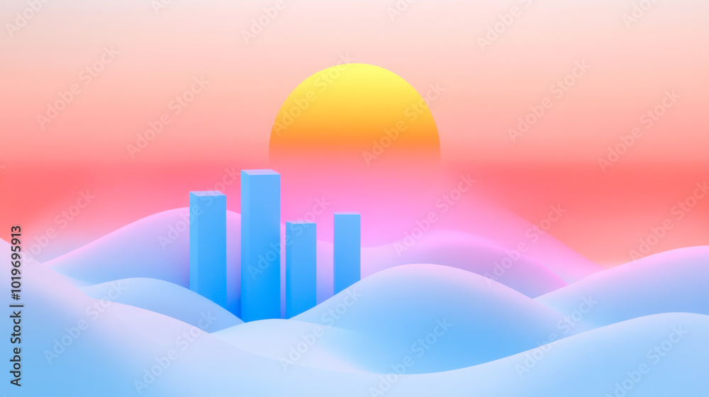 Depicts a city at sunrise, with the sun illuminating the silhouettes of tall buildings and the sky Depicts a city at sunrise, with the sun illuminating the silhouettes of tall buildings and the sky
