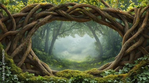 Intertwined Tree Branches Framing a Misty Forest Path