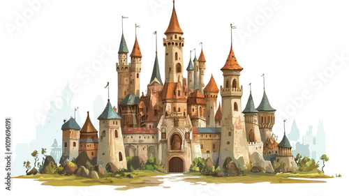 Illustration of a fairy tale castle in the park on a white background [