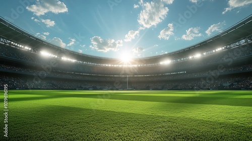 Expansive cricket stadium under bright daylight 