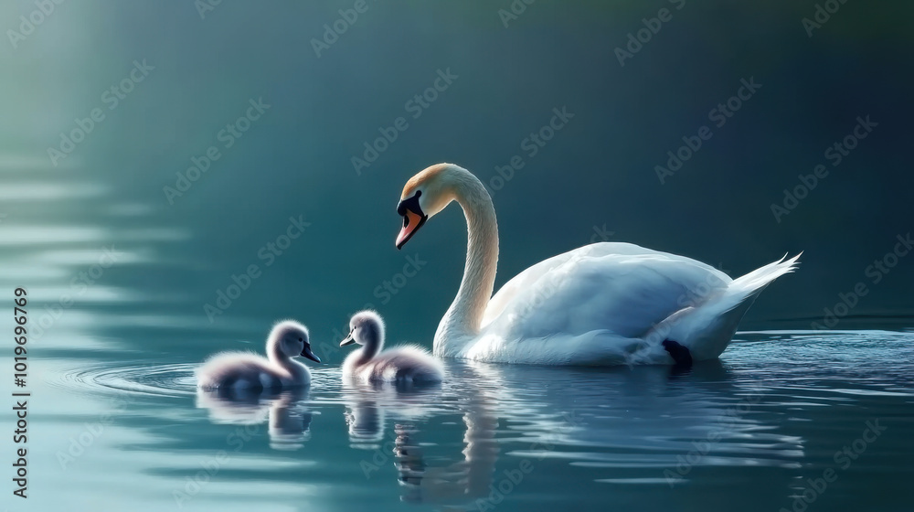Fototapeta premium a swan swimming with two cygnets in tranquil blue water