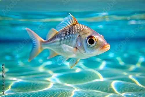 Small young fish swimming in clear blue water underwater environment