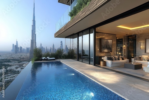 spacious penthouse terrace with an inviting pool offering breathtaking views of dubais iconic skyscrapers a fusion of luxury living and urban landscape photo