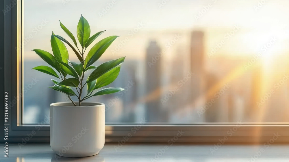 A vibrant green plant in a modern pot, set against a sunlit window A vibrant green plant in a modern pot, set against a sunlit window