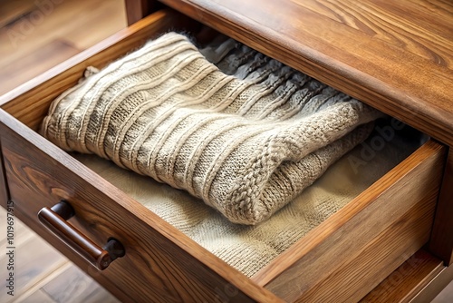  Warm knitted sweater fold inside wooden drawer