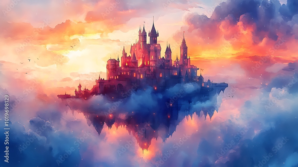 Dreamy Castle in Surreal Watercolor Landscape Dreamy Castle in Surreal Watercolor Landscape