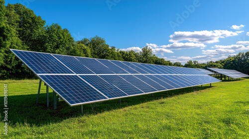 Solar panels installed in a green field under a clear blue sky, promoting renewable energy.