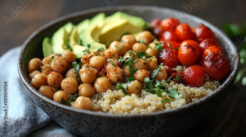 Bowl of quinoa with roasted vegetables, avocado, and chickpeas, colorful and wholesome, clean foods, plantbased nutrition