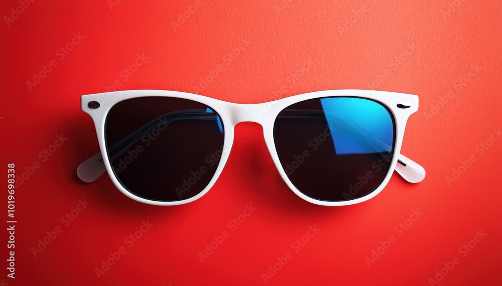 A pair of stylish white sunglasses with dark lenses placed against a vibrant red background. A pair of stylish white sunglasses with dark lenses placed against a vibrant red background.