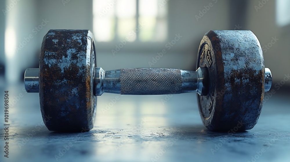 Single gym dumbbell isolated on a bright white surface minimalist and rugged design