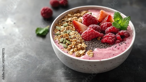 Minimalist smoothie bowl topped with granola, seeds, and fresh fruit, clean white bowl and background, clean foods, healthy and colorful snack