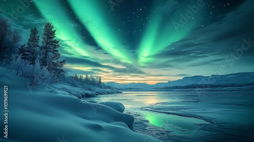 The majestic green aurora borealis illuminates a tranquil snowy landscape, casting a dreamlike glow over the icy terrain. photo