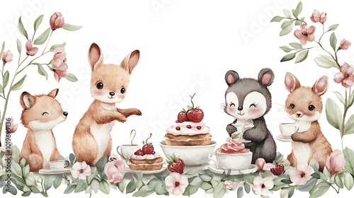 Whimsical Watercolor Illustration of Cute Animals photo